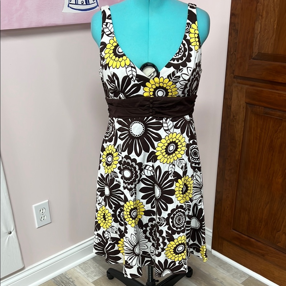 B. Smart Yellow and Brown Floral Midi Dress